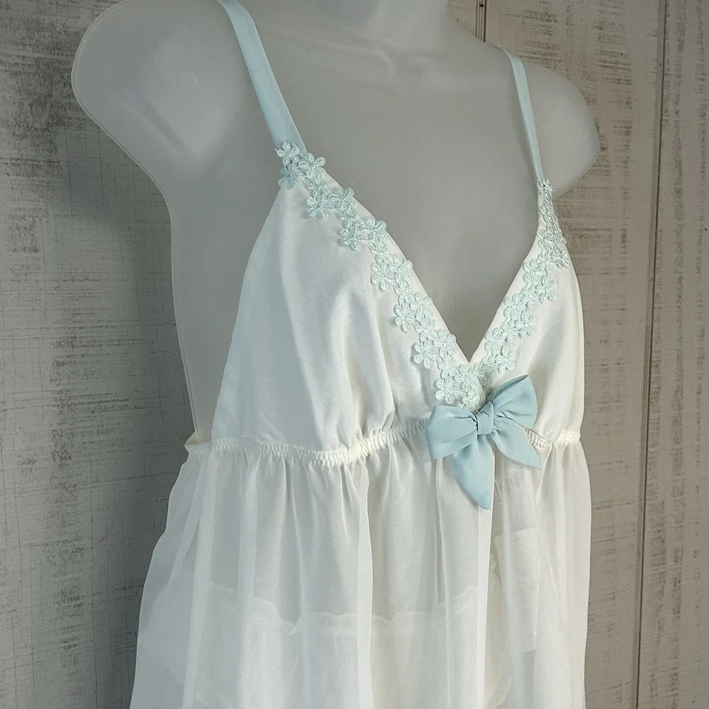 Flora Sheer Chemise Nightie L 2 Pc Set Lace Boudoir Coquette Lingerie White‎